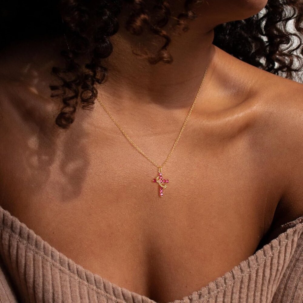 Perfect Gifts Women's Crown M01 Red Cross Necklace Gold Plated Faith Jewelry - Picture 4 of 8